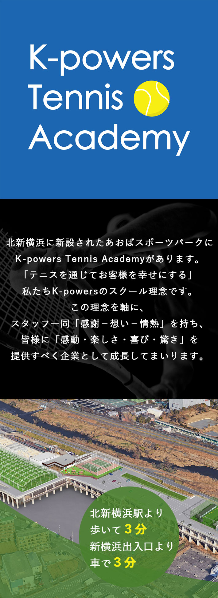 2019年2月OPEN! 北新横浜に新設されるあおばスポーツパーク（新羽車両基地）にK-powers Tennis Academyが開校しました。「テニスを通じてお客様を幸せにする」私たちK-powersのスクール理念です。この理念を軸に、スタッフ一同「感謝－想い－情熱」を持ち、皆様に「感動・楽しさ・喜び・驚き」を提供すべく企業として成長してまいります。